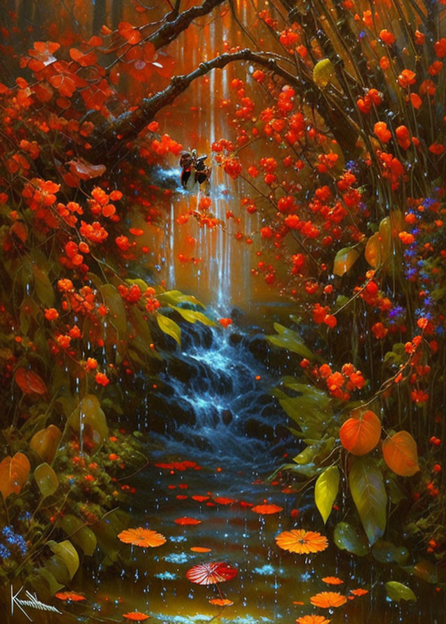 Colorful painting of lush forest with waterfall & autumn leaves