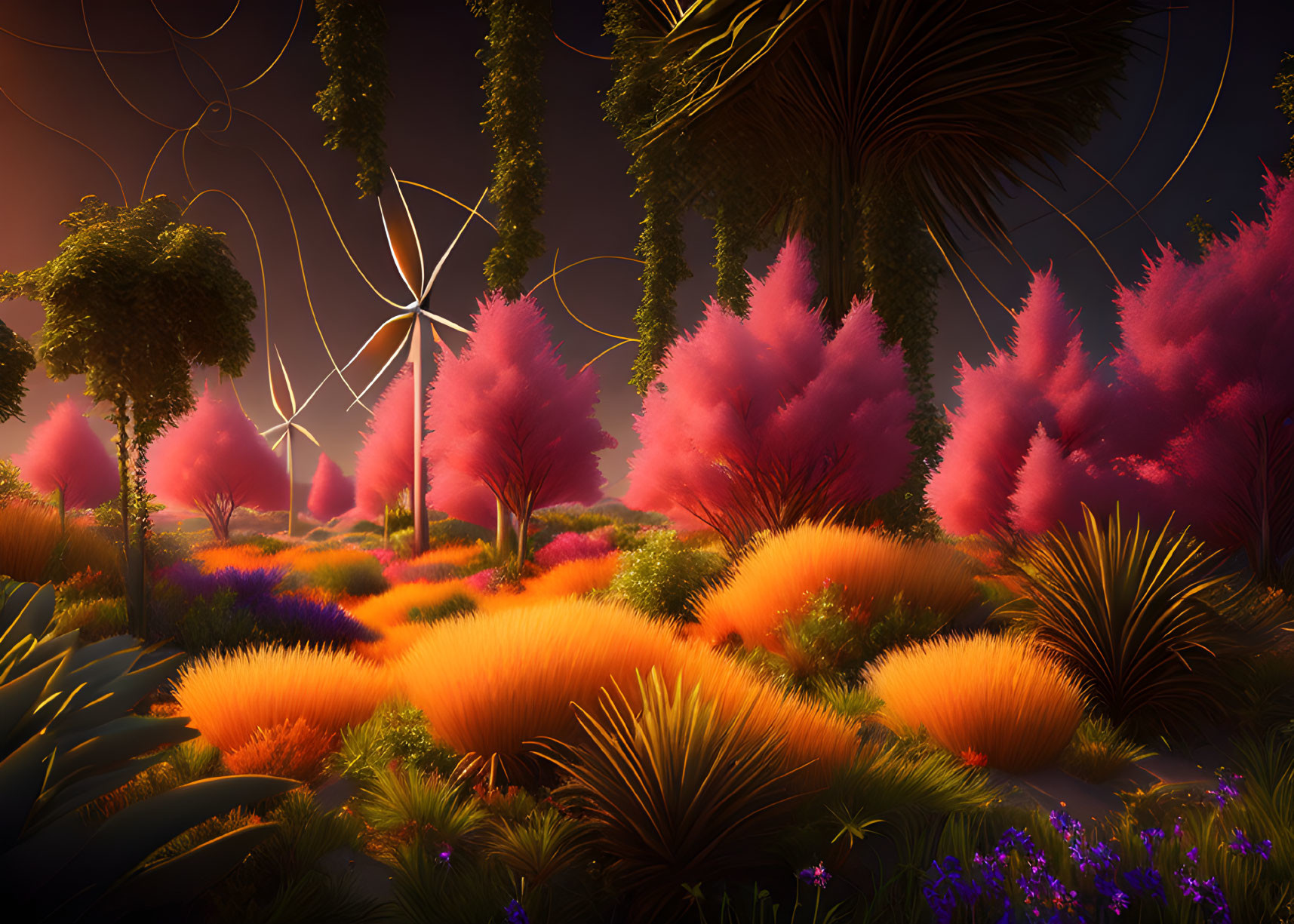 Futuristic landscape with pink and orange flora, white wind turbines, dark trees, and dusky