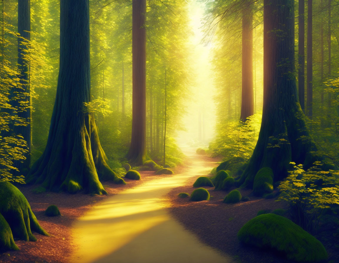 Tranquil Forest Path with Golden Sunlight and Lush Greenery