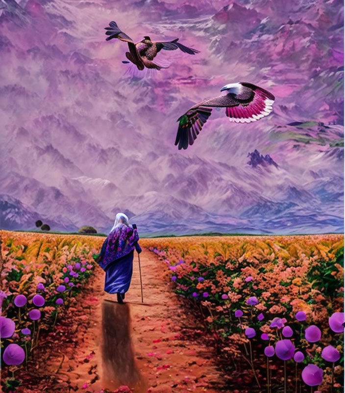 Person in purple garment walks in vibrant purple flower field with flying birds and distant purple mountains.