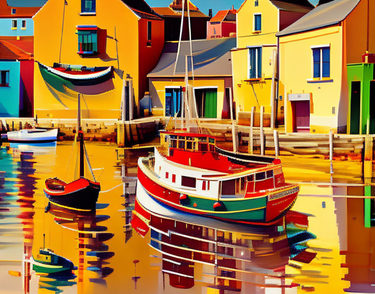 Colorful boats and buildings in a vibrant harbor scene