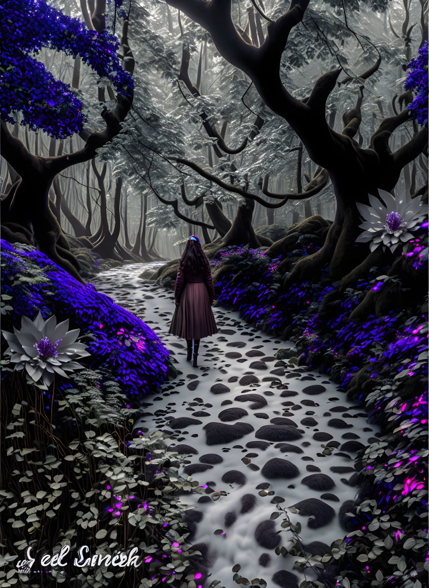 Person in Cloak Walking on Mystical Path Through Floral Landscape in Ethereal Forest