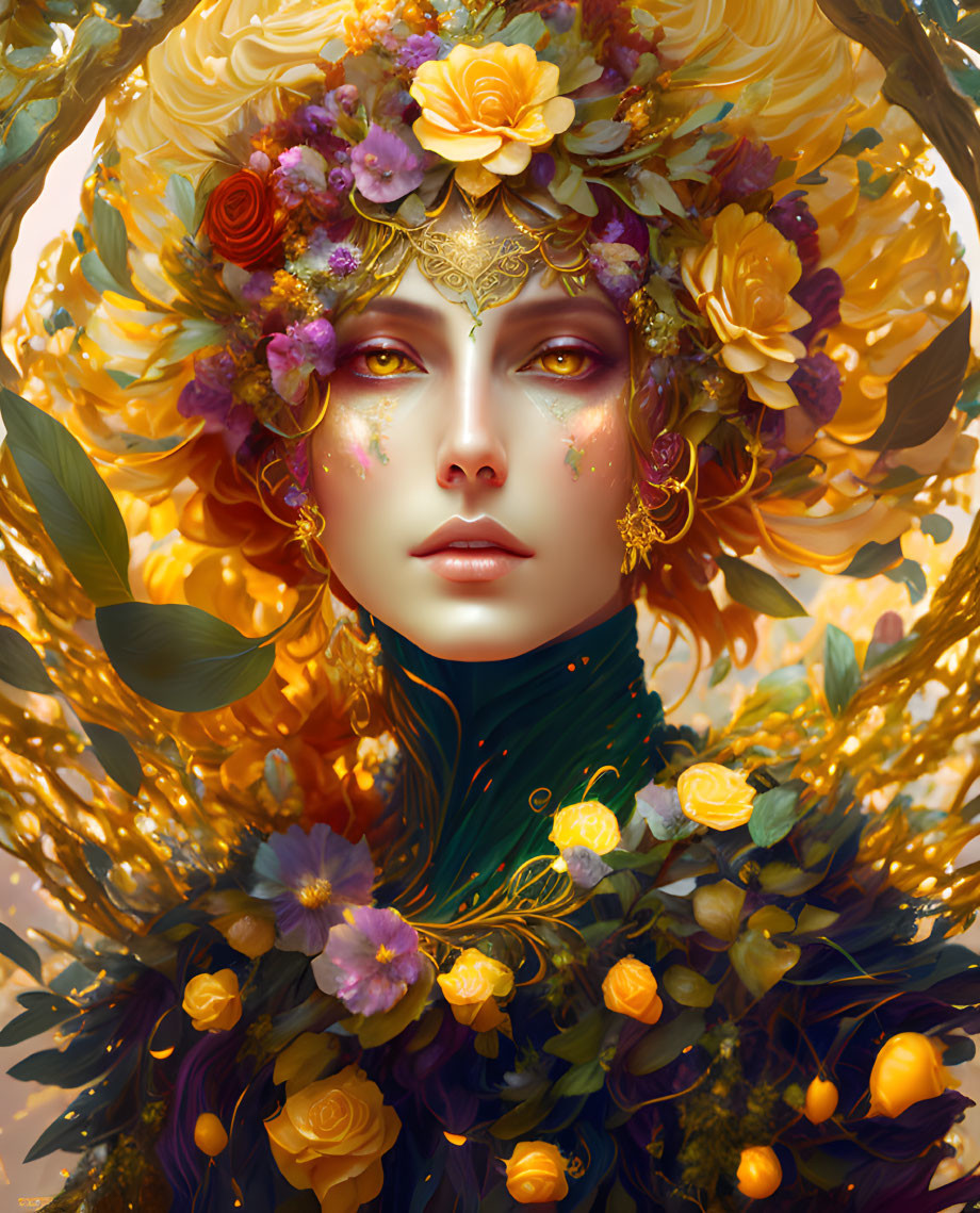 Vivid yellow and orange floral headdress portrait in gold accents