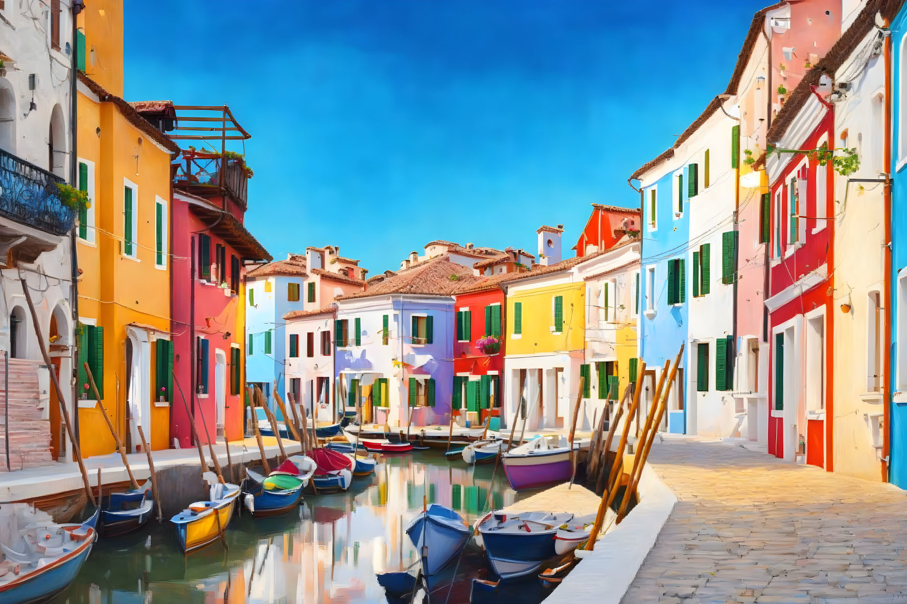 Vibrant houses along tranquil canal with boats and cobblestone path under blue sky