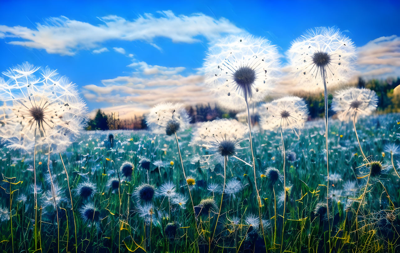 Vivid field of dandelions under blue sky and fluffy clouds