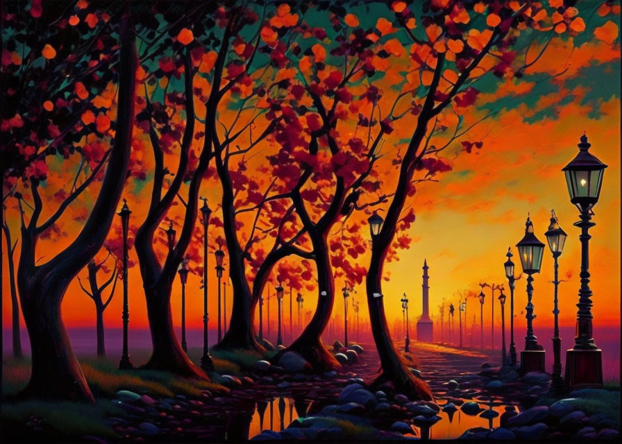 Autumnal park painting: cobblestone path, orange-leaved trees, street lamps, tranquil