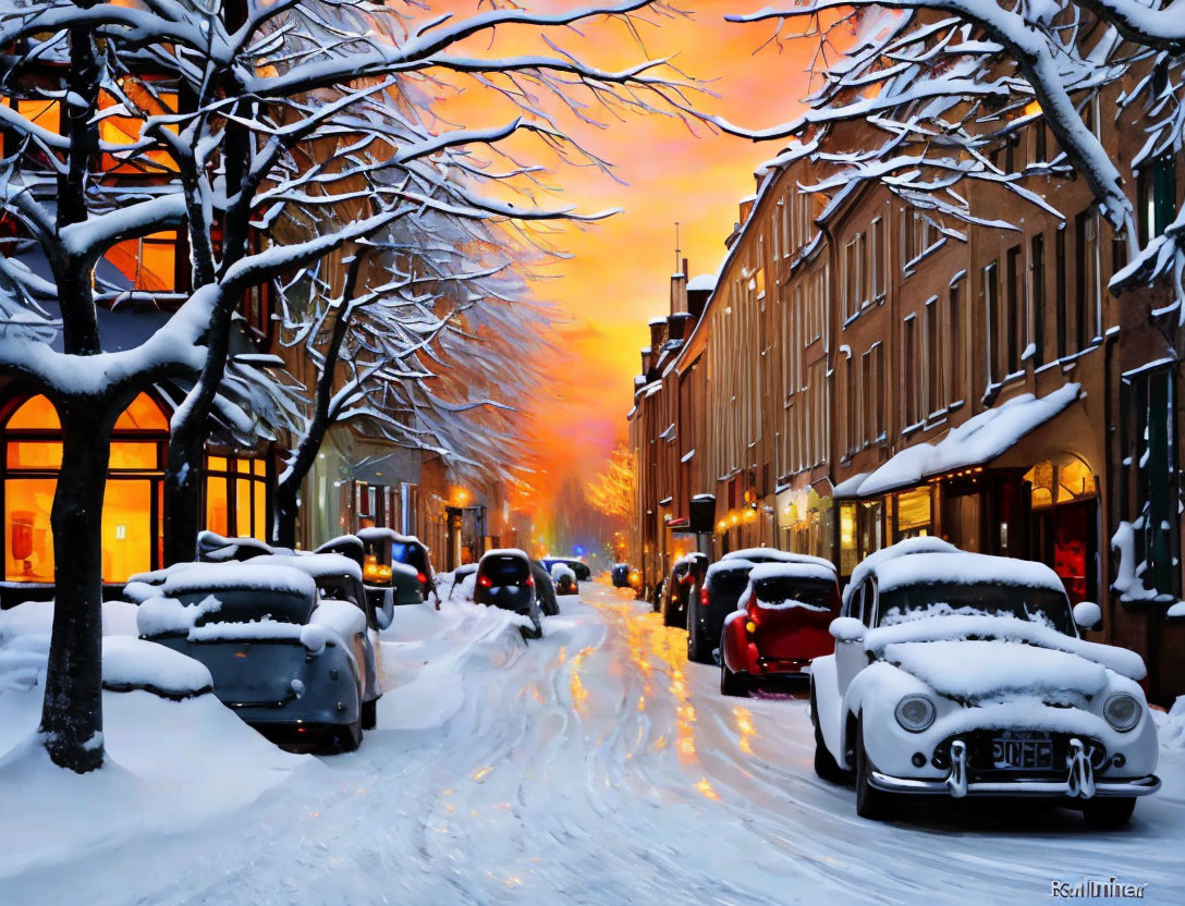 Snowy Dusk Street Scene: Parked Cars, Bare Trees, Vibrant Orange Sky