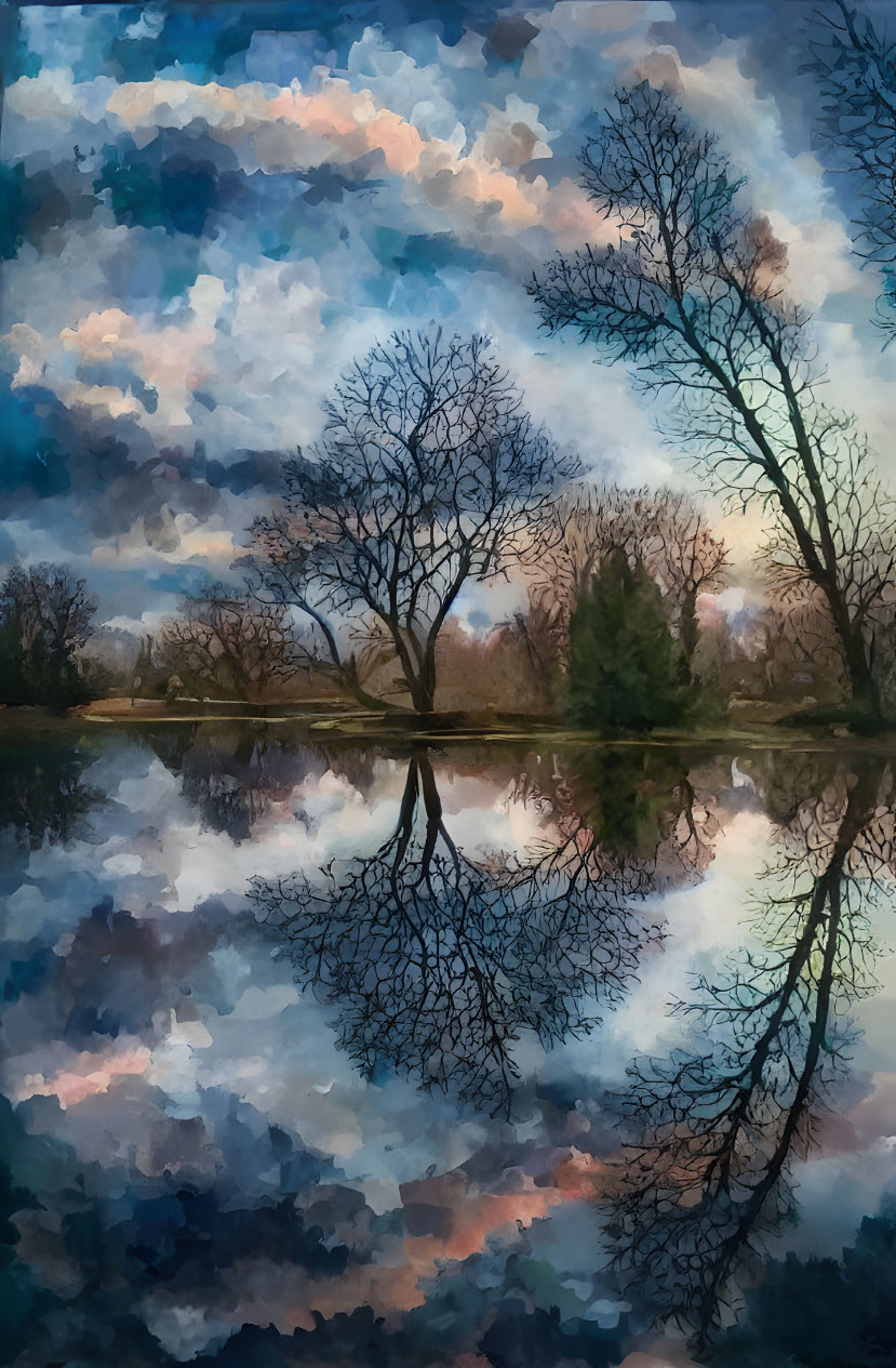 Tranquil lake landscape with bare trees and moody sky at dusk