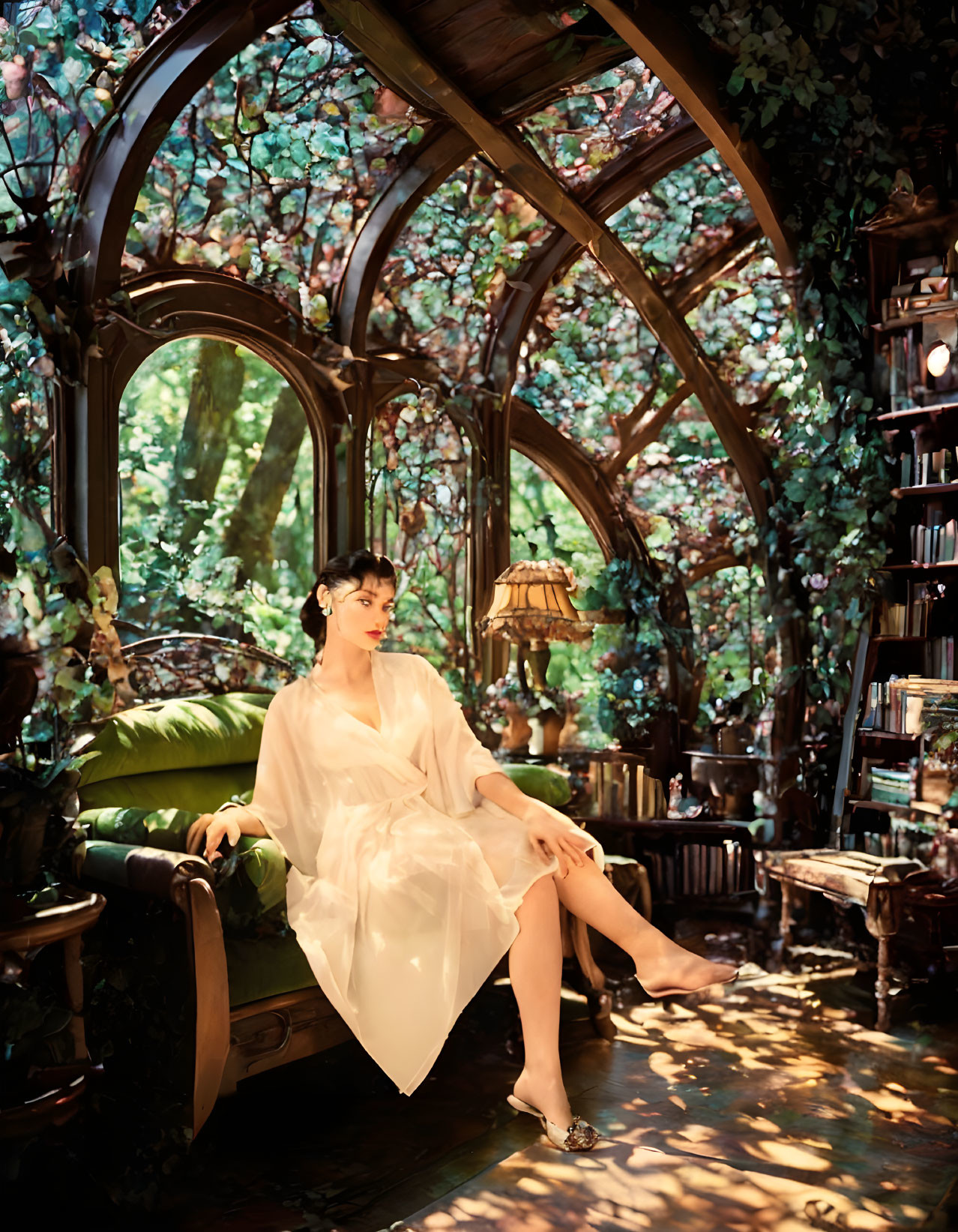 Elegant woman in white dress sitting in ornate, greenery-filled library