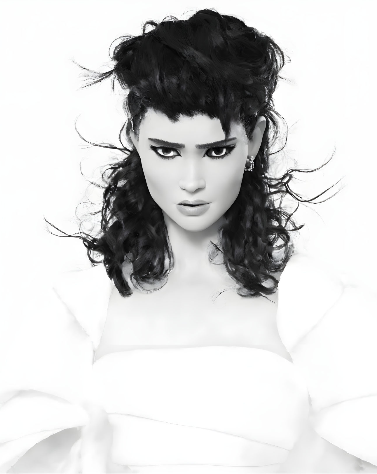 Monochrome portrait of woman with curly hair and intense gaze