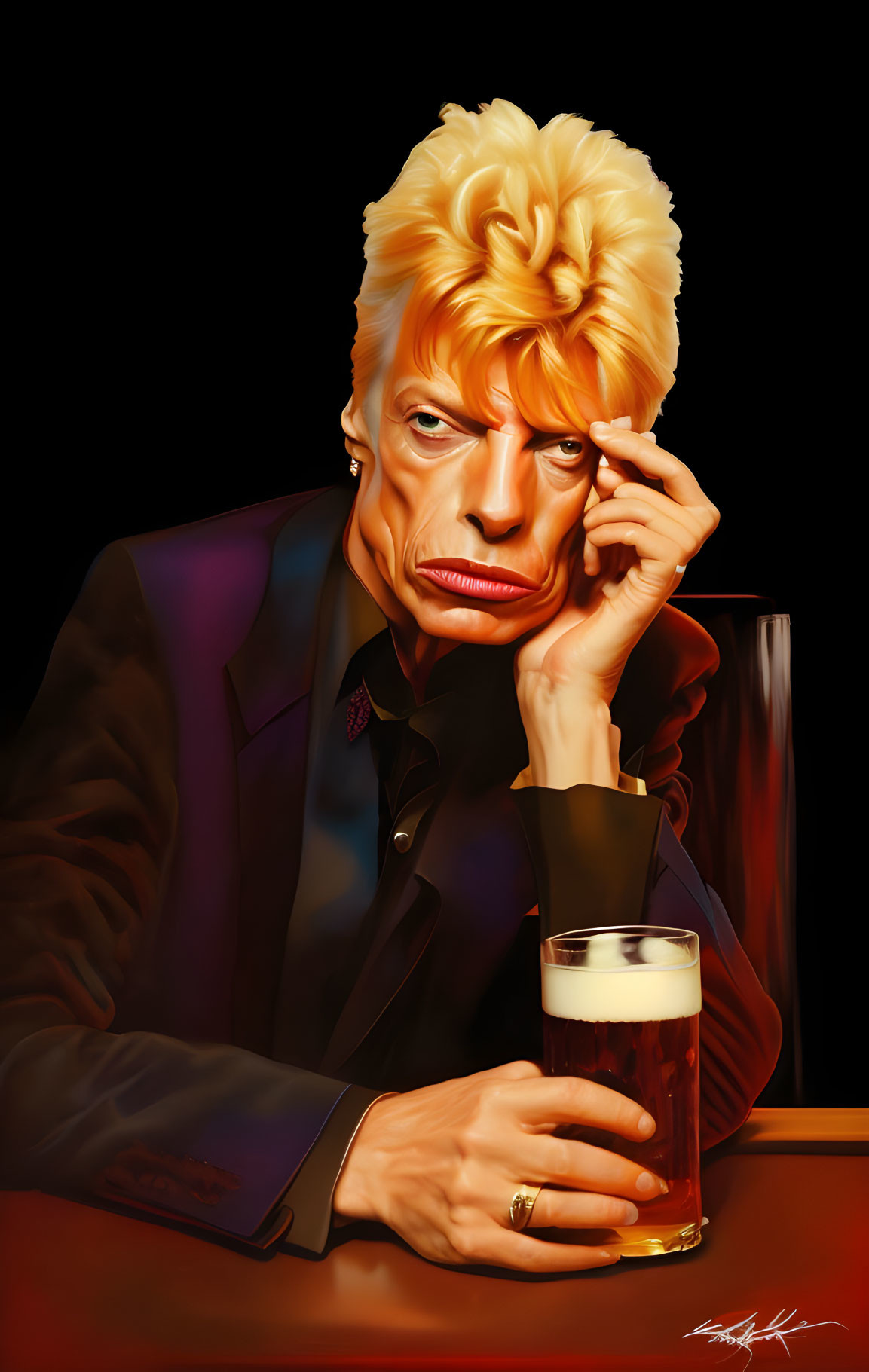 Stylized portrait of a person with blond hair and beer pint