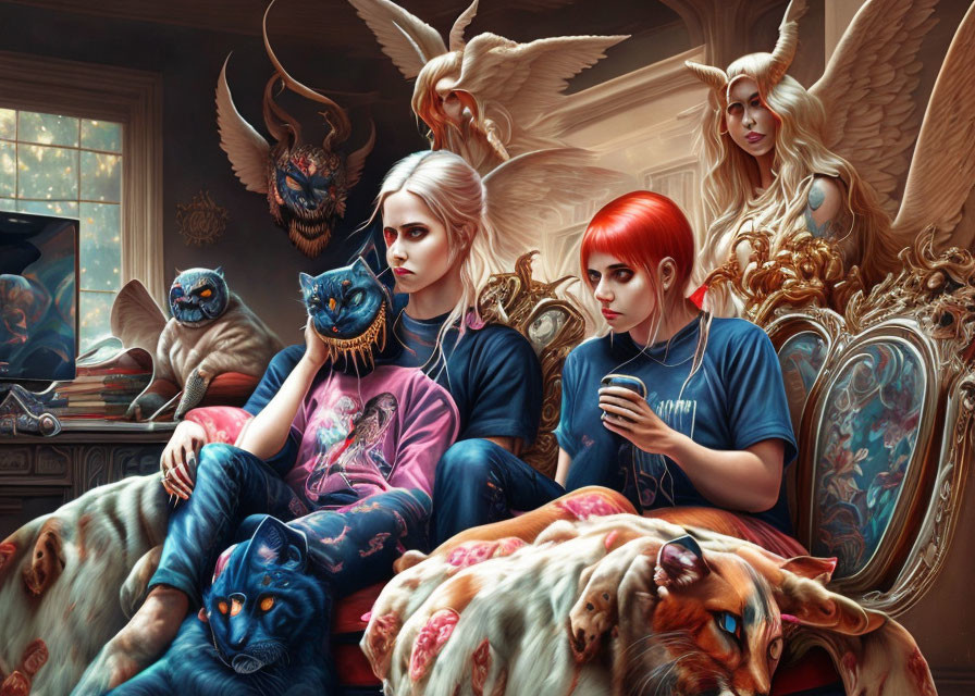 Women lounging with mystical creatures in ornate room with otherworldly pets.