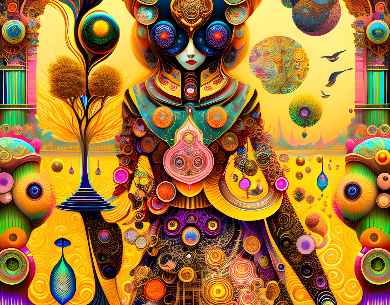 Colorful surreal artwork with intricate figure and whimsical motifs.