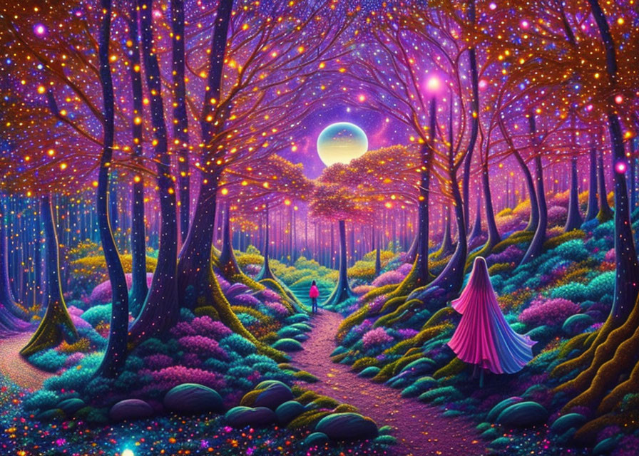 Enchanting forest with vibrant trees, glowing orbs, cloaked figure, and shining moon