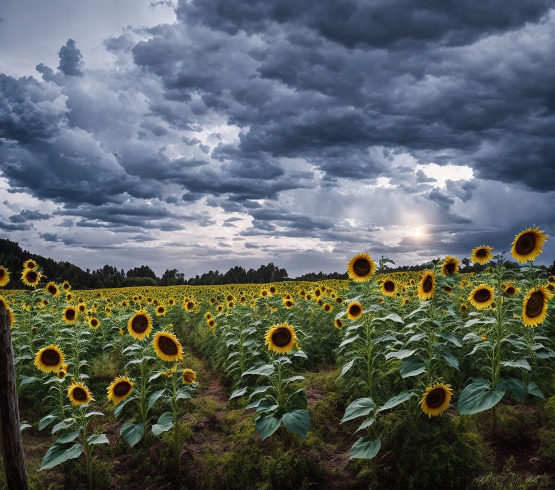 Sunflower field at dusk with dramatic cloudy sky