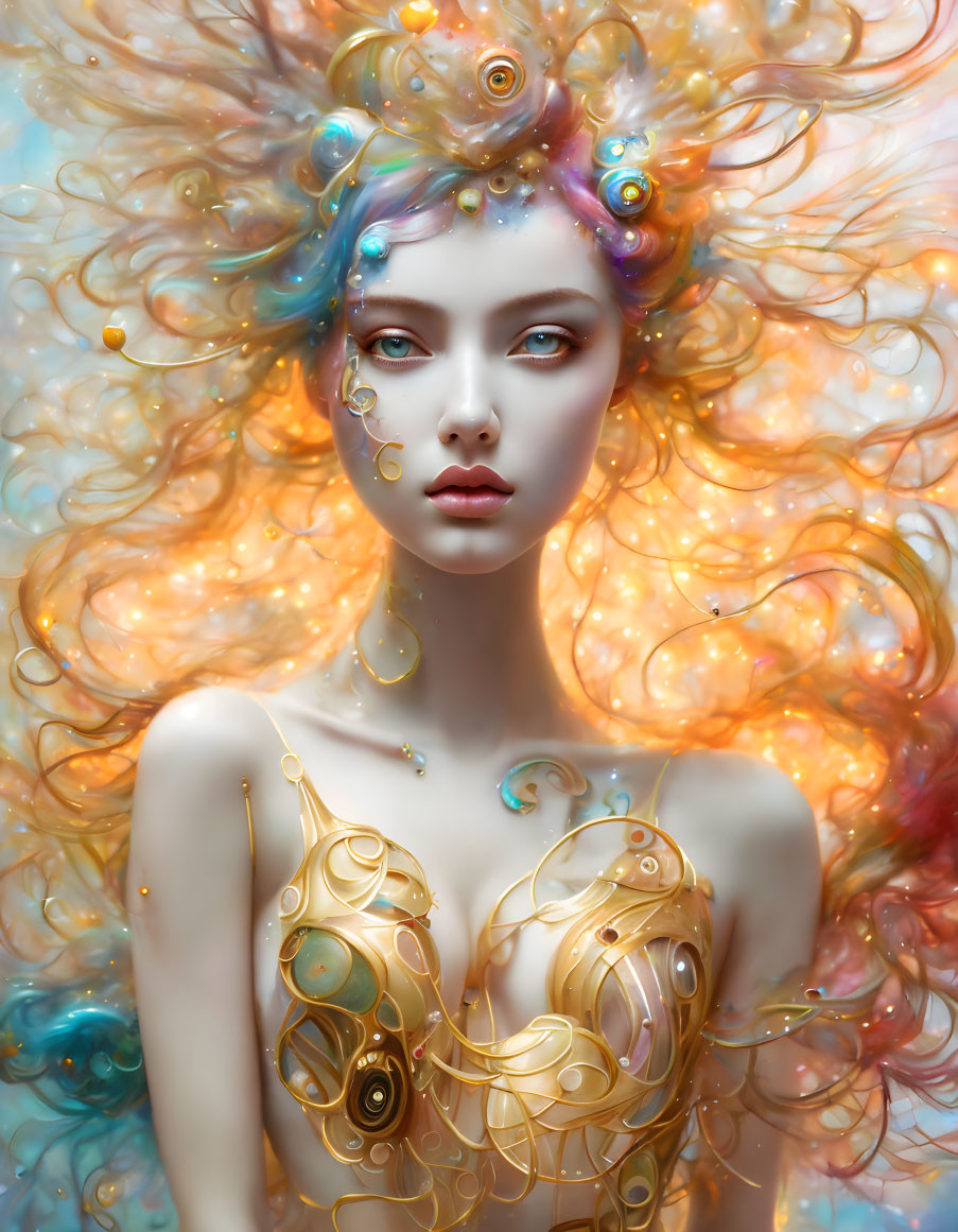 Multicolored hair and golden armor in surreal portrait