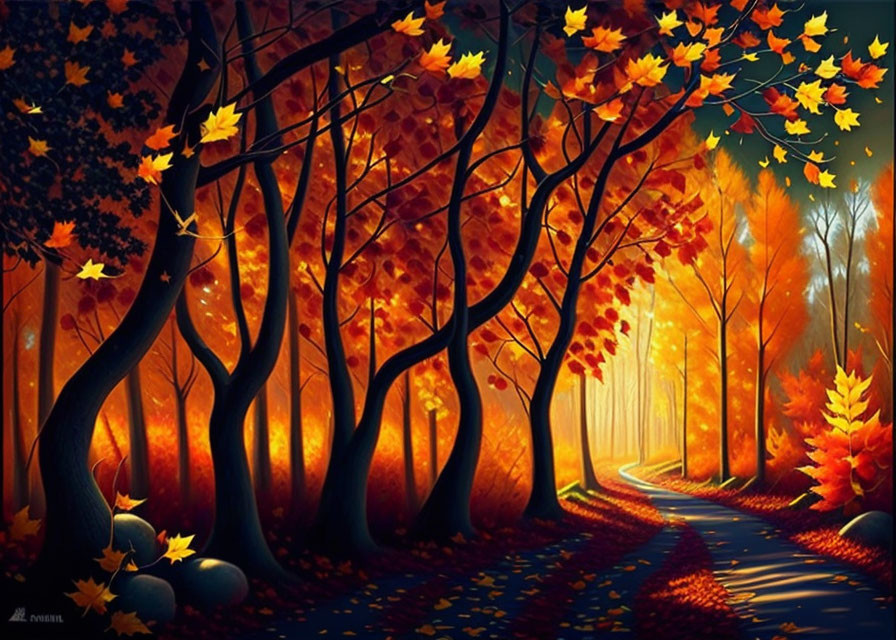 Vibrant autumn forest with winding path and falling leaves