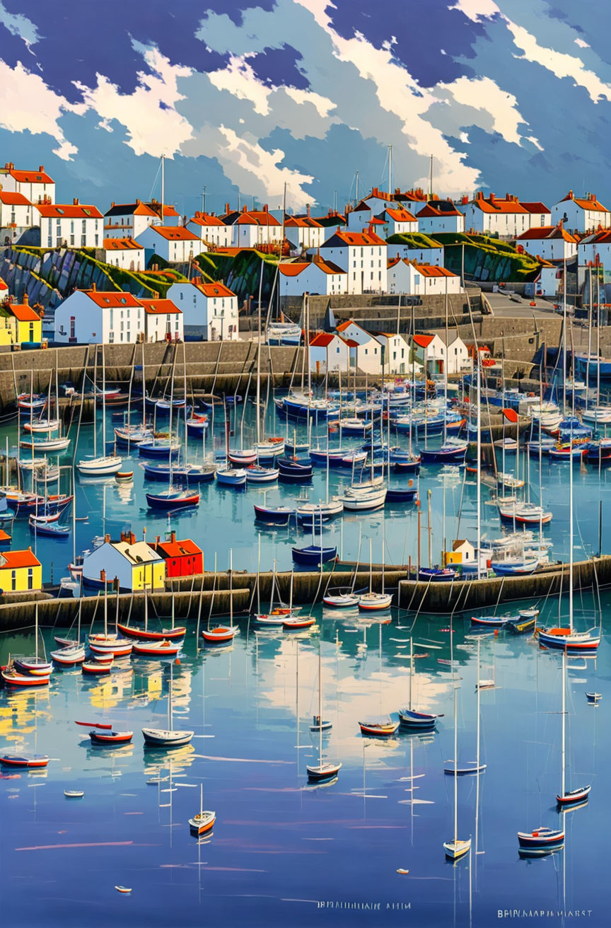 Vibrant boats in serene harbor of coastal town under blue sky