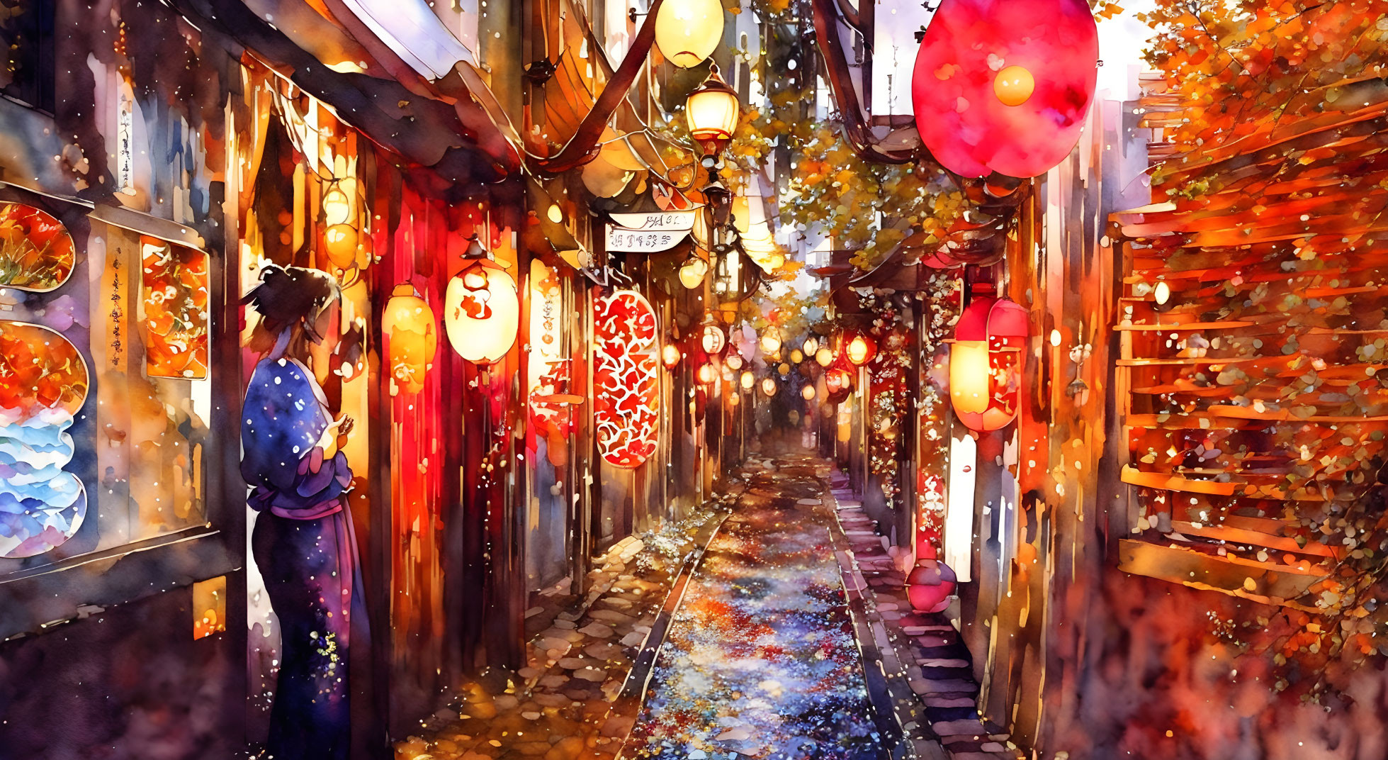 Person in kimono views vibrant alley with lanterns and autumn leaves