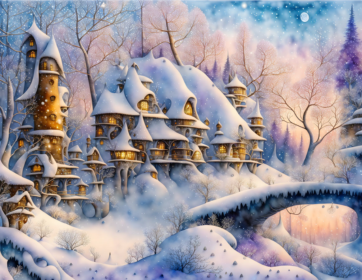 Whimsical fantasy castle in snowy winter scene