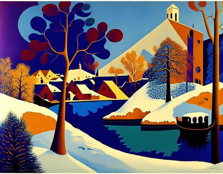 Winter Village Scene with Snow-Covered Houses, Church, Trees, and River