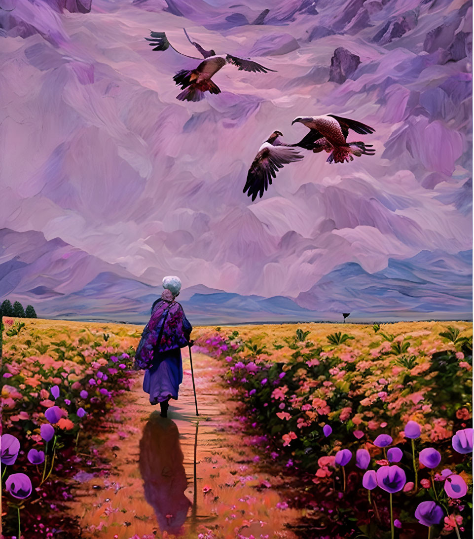 Elderly person with cane in flower field watching birds and mountains