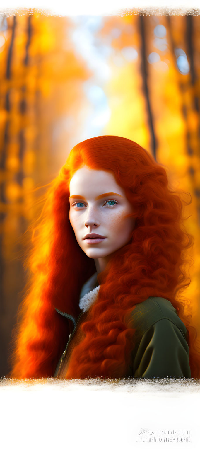 Woman with Long Red Hair in Sunlit Autumn Forest