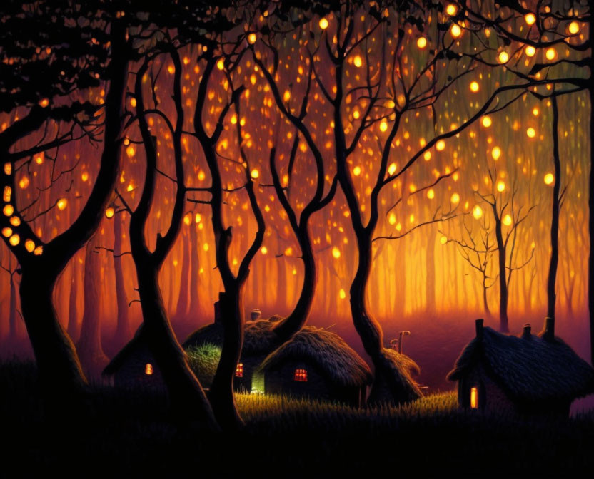 Twilight scene with glowing lights, twisted trees, and cozy thatched huts.