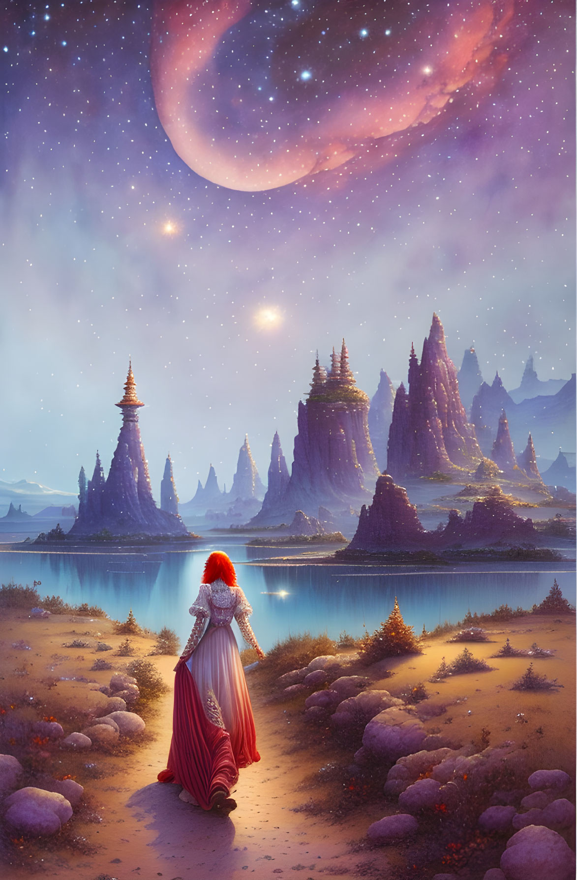 Red-cloaked figure in mystical landscape under crescent moon