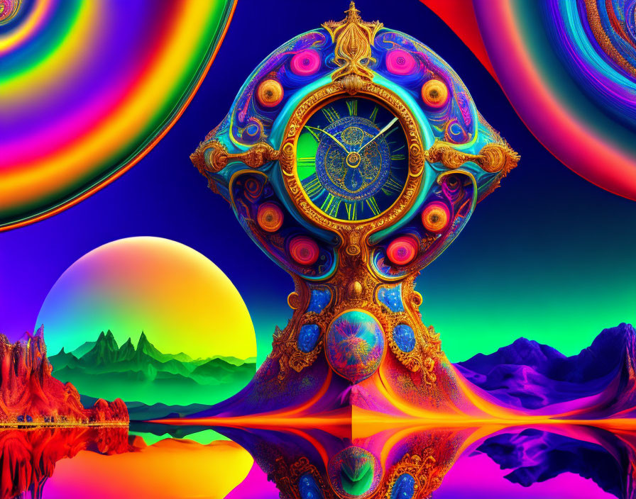 Colorful ornate clock in surreal landscape with swirling patterns