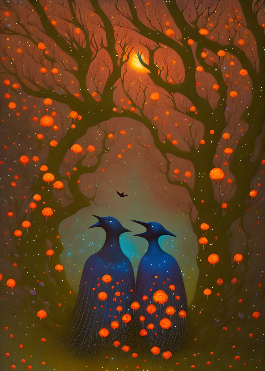 Mystical blue-black birds under enchanted tree with glowing orange leaves