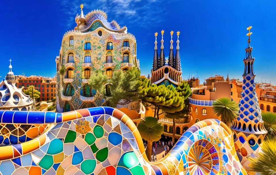 Vibrant mosaic architecture at Park Güell, Barcelona