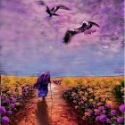 Elderly couple walking through vibrant flower field to purple mountains