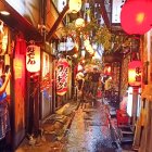 Person in kimono views vibrant alley with lanterns and autumn leaves