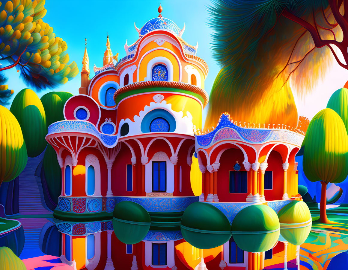 Colorful fantasy palace with ornate domes in whimsical tree setting