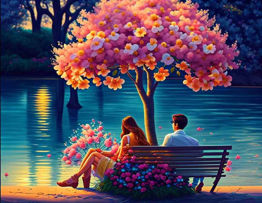 People sitting on lakeside bench under pink blossoming tree at dusk