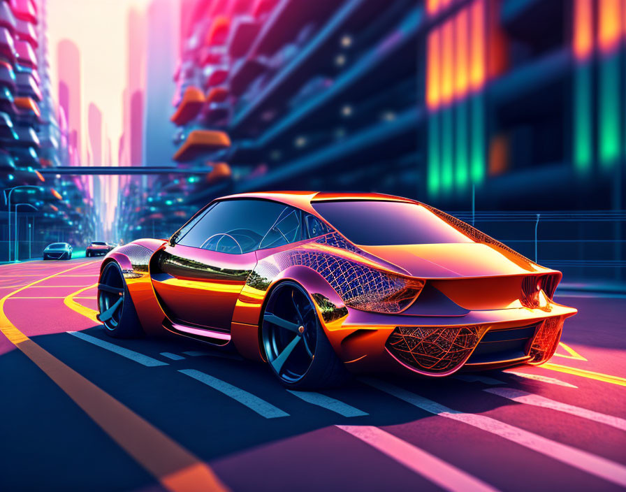 Futuristic car with glowing accents in neon-lit cityscape at dusk