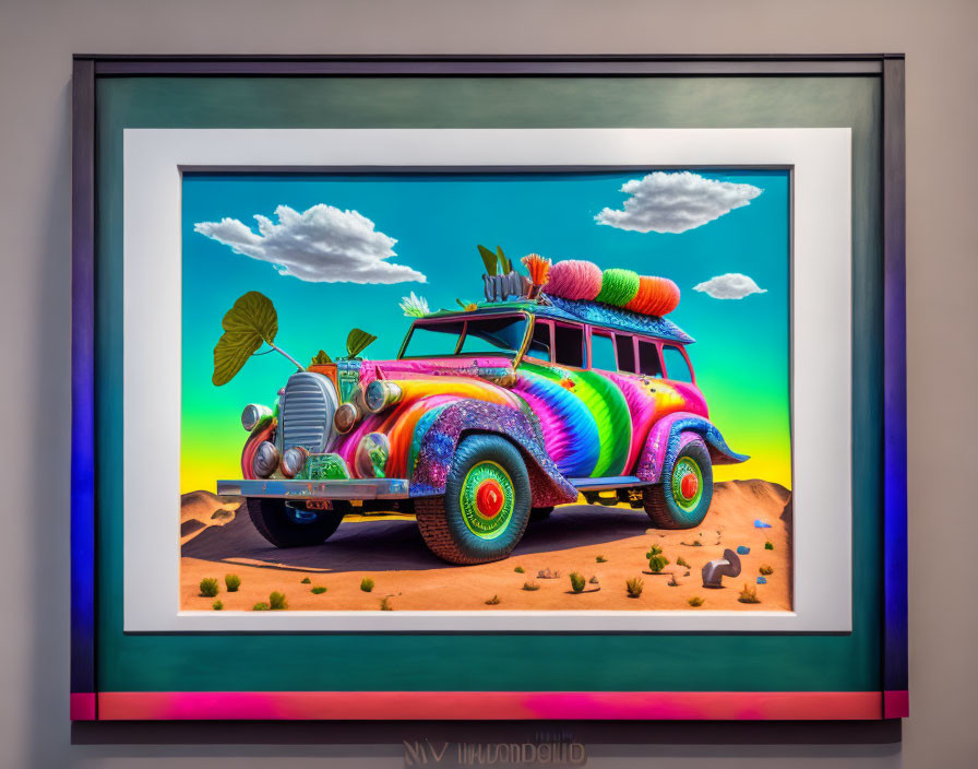 Colorful Car with Surfboards in Desert Landscape Frame