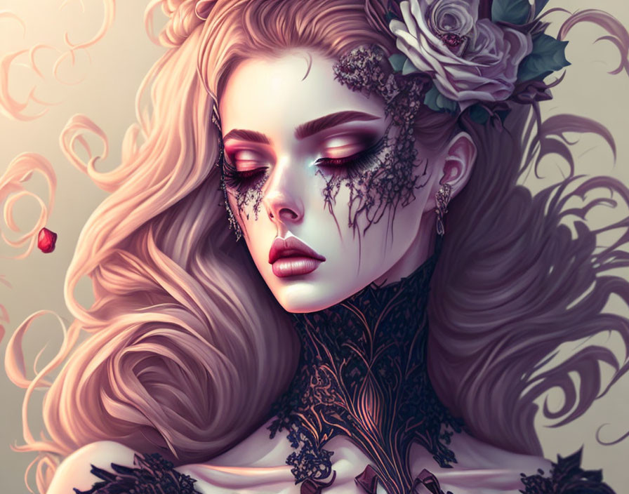 Fantasy style illustration of woman with flowing hair and intricate lace adornments