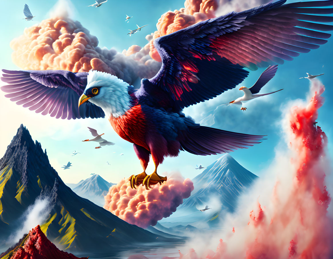 Majestic eagle with red, white, and blue feathers flying over dramatic landscape