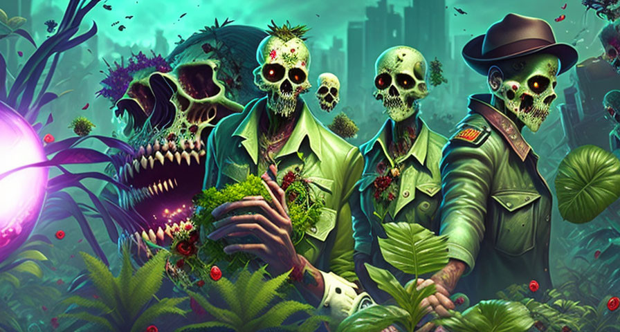 Vibrant jungle scene with stylish skull-faced figures