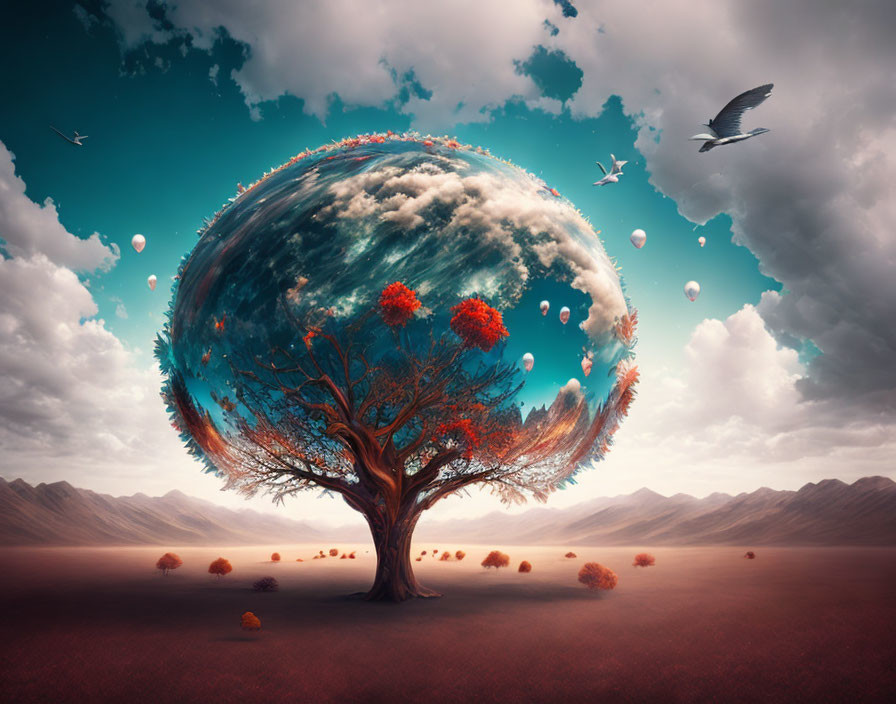 Surreal landscape with Earth globe tree, floating rocks, birds, and balloons