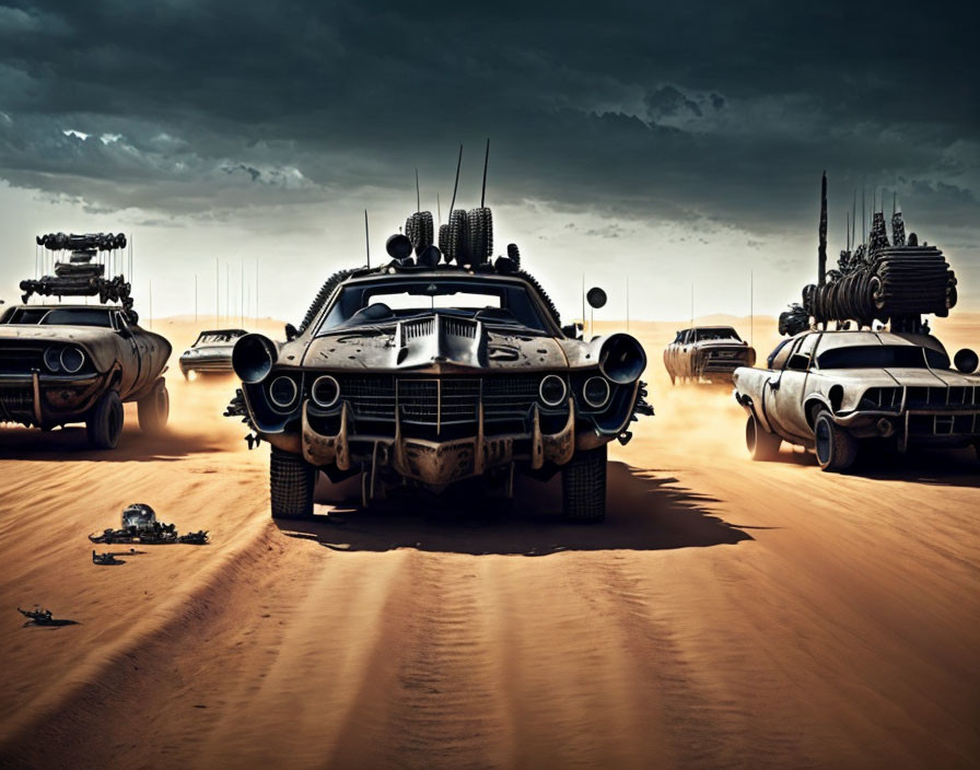 Menacing post-apocalyptic vehicles in desert setting