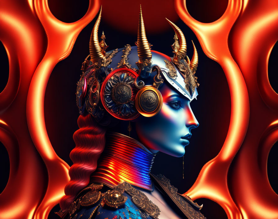 Elaborate surreal portrait with metallic headgear and fiery background