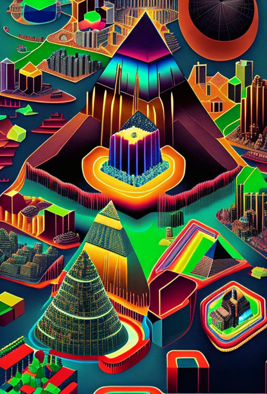 Neon-colored digital artwork: Abstract geometric shapes, pyramids, cityscape, surreal landscapes