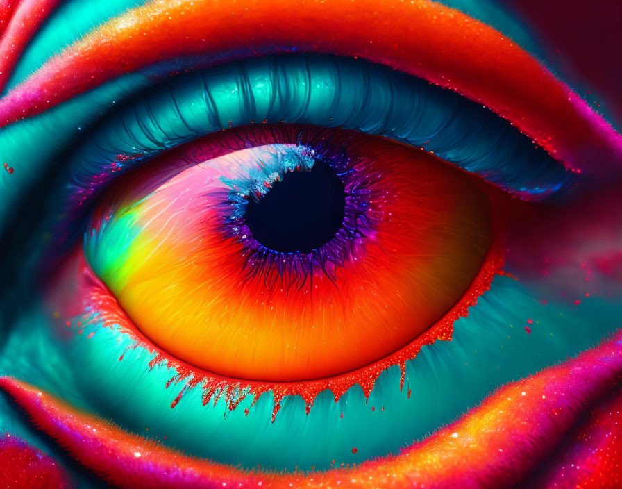 Vividly colorful eye with red, orange, yellow, blue hues and detailed eyelashes