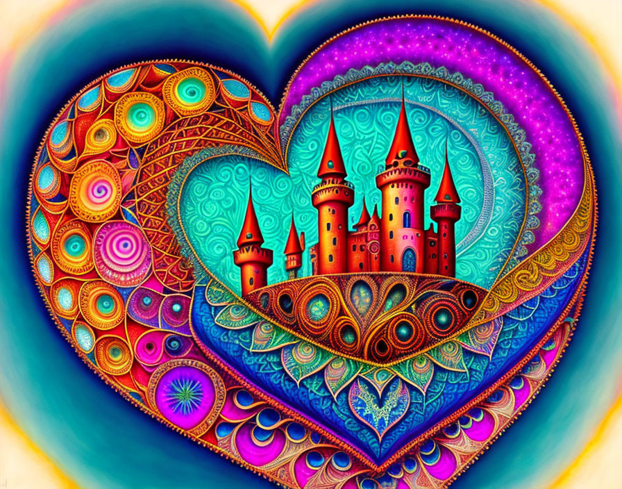 Colorful Heart Frame Surrounding Castle Illustration