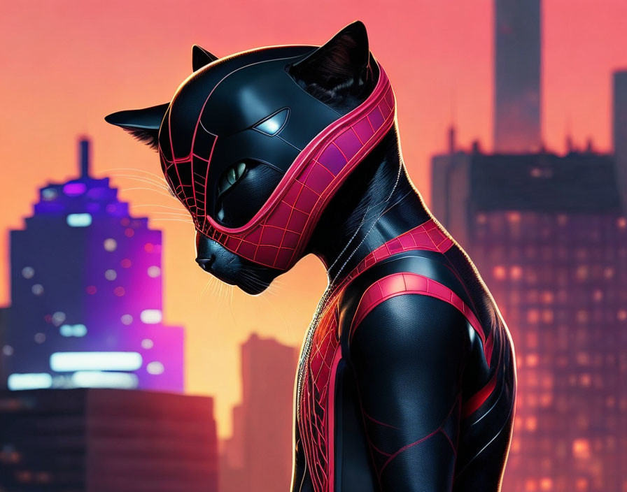 Superhero in Black and Red Costume with Cat-like Mask in Sunset Cityscape