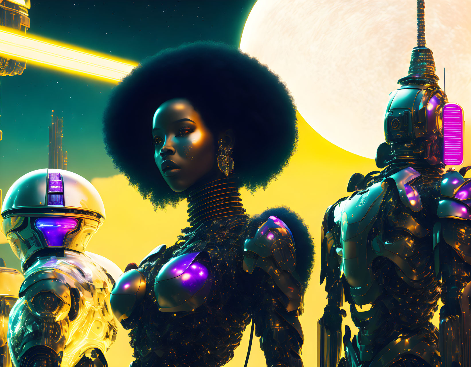 Futuristic woman with afro and advanced robots in cityscape with large yellow planet