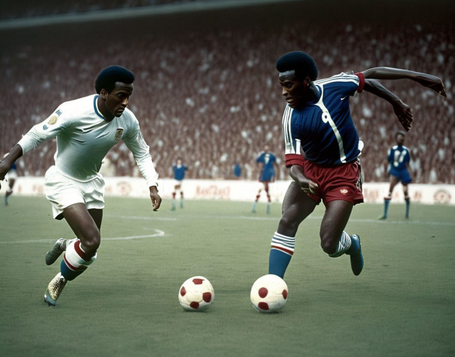 Soccer players in white and blue/red jerseys focused on ball